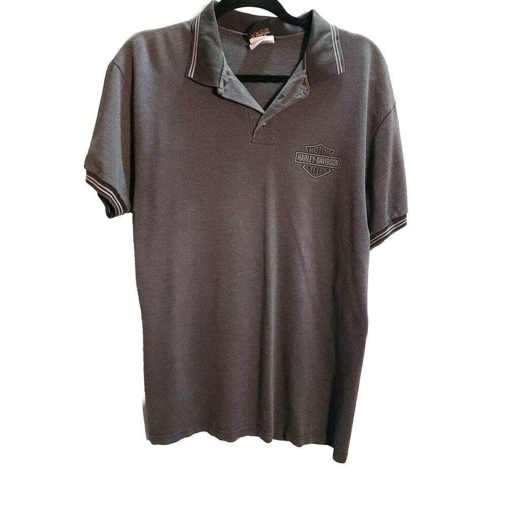 Harley Davidson Polo Shirt Men's Medium Logo Embroidered Stripe Accent Gray